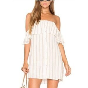 Privacy Please Norval Dress Off Shoulder Ruffle M Cream Tan Striped Mini
